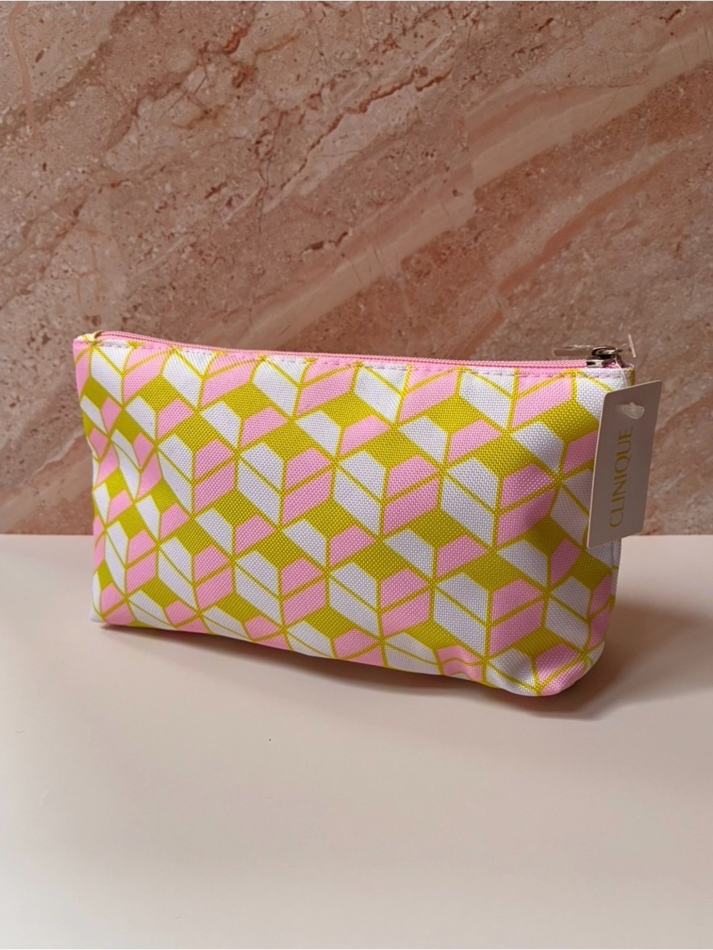 Clinique Pink Yellow White Patterned Cosmetic Pouch